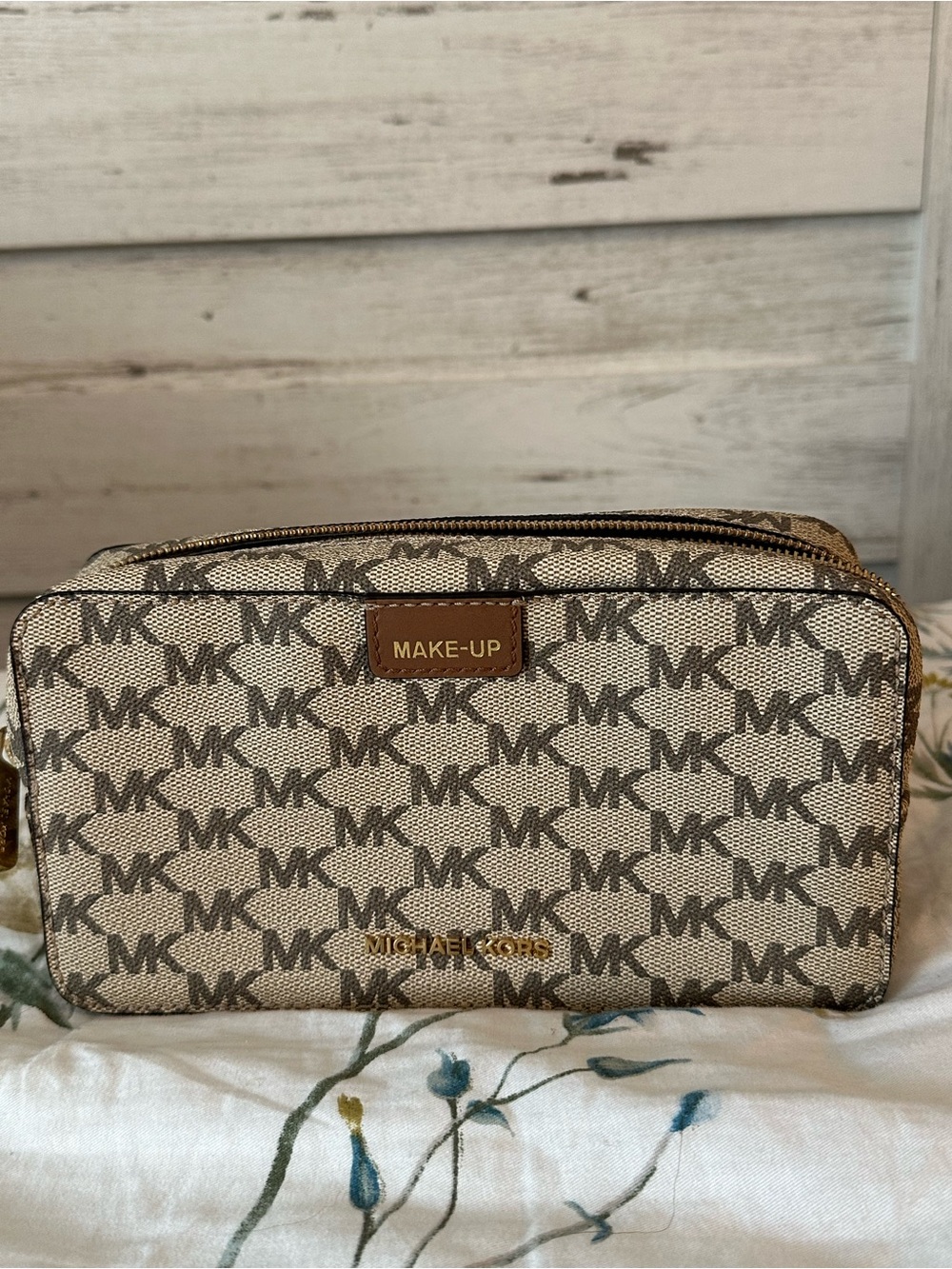 Michael Kors Beige and Brown MK Logo Makeup Pouch